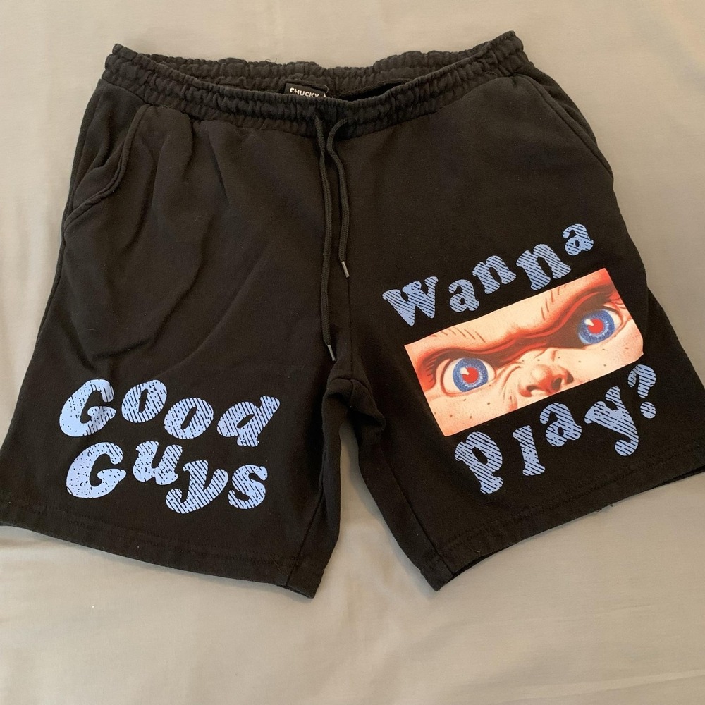 Chucky Sweat Shorts Mens Large Black Good Guys Wanna Play Horror Movie Fleece